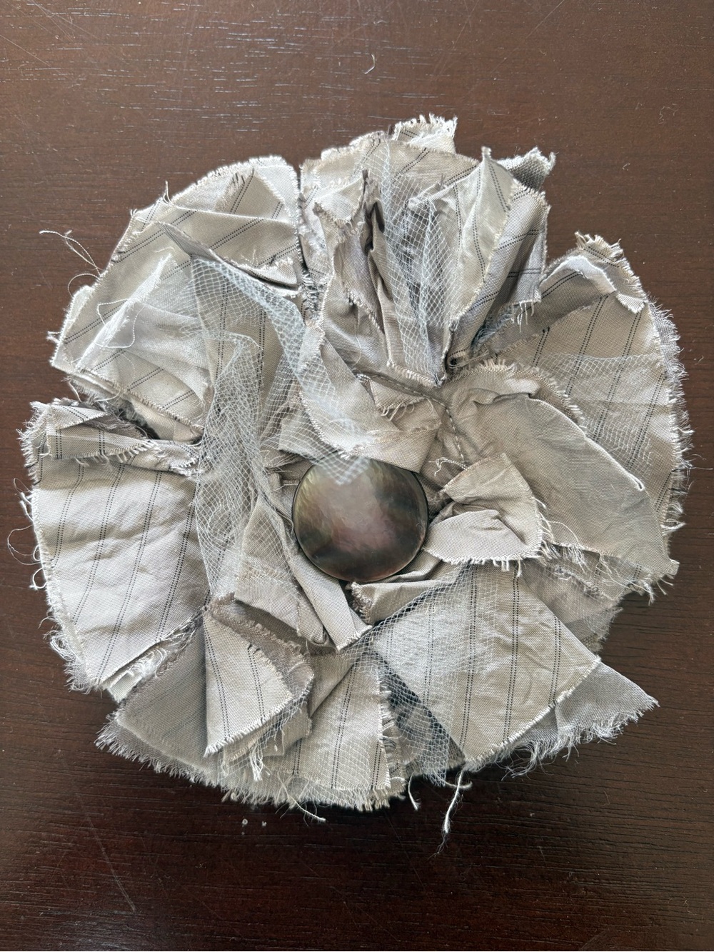 Handmade Gray Fabric Flower Brooch with Iridescent Center